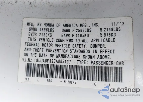 2014 Acura Tl 3.5 из США, поврежденный, VIN 19UUA8F52EA005137